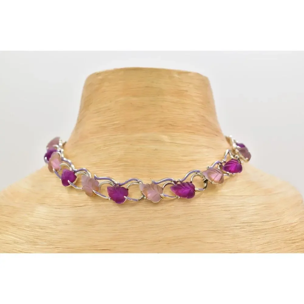 Star Vintage Choker Collar Necklace Purple Lucite Leaf Chunky Signed 1940s BinBJ
